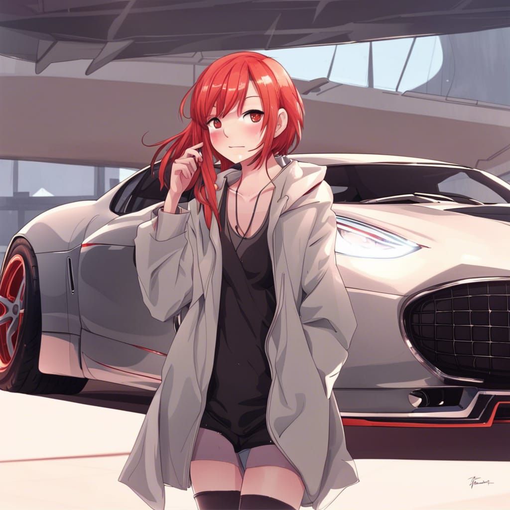 Anime Style: Red Hair Girl and Sports Car