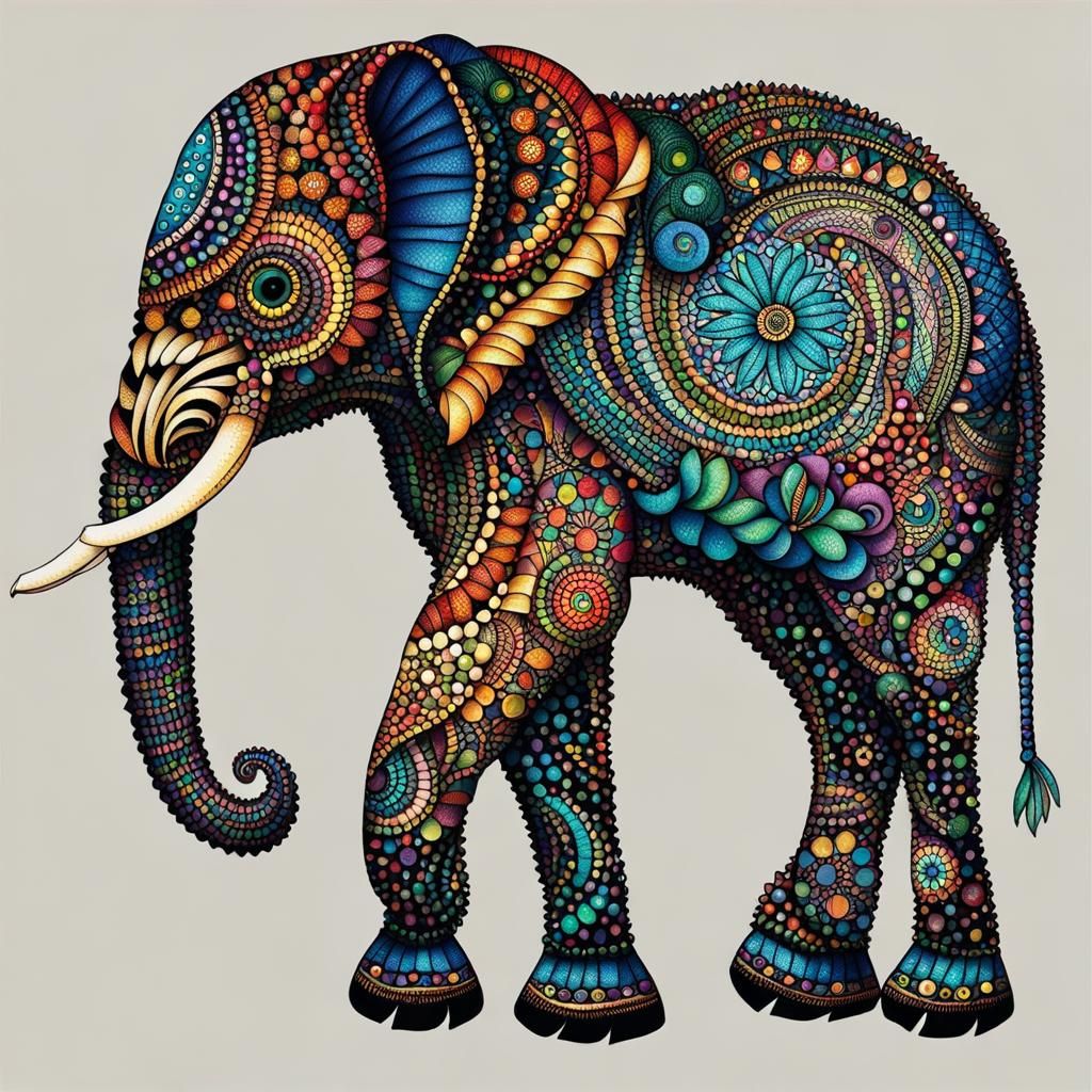 Colorful Pointillist Zentangle Elephant Illustration