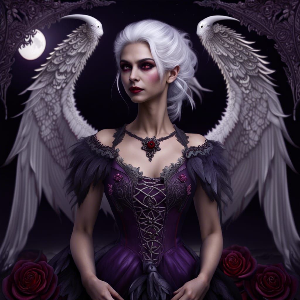 Winged Vampire Woman in Purple Dress, Fantasy Art