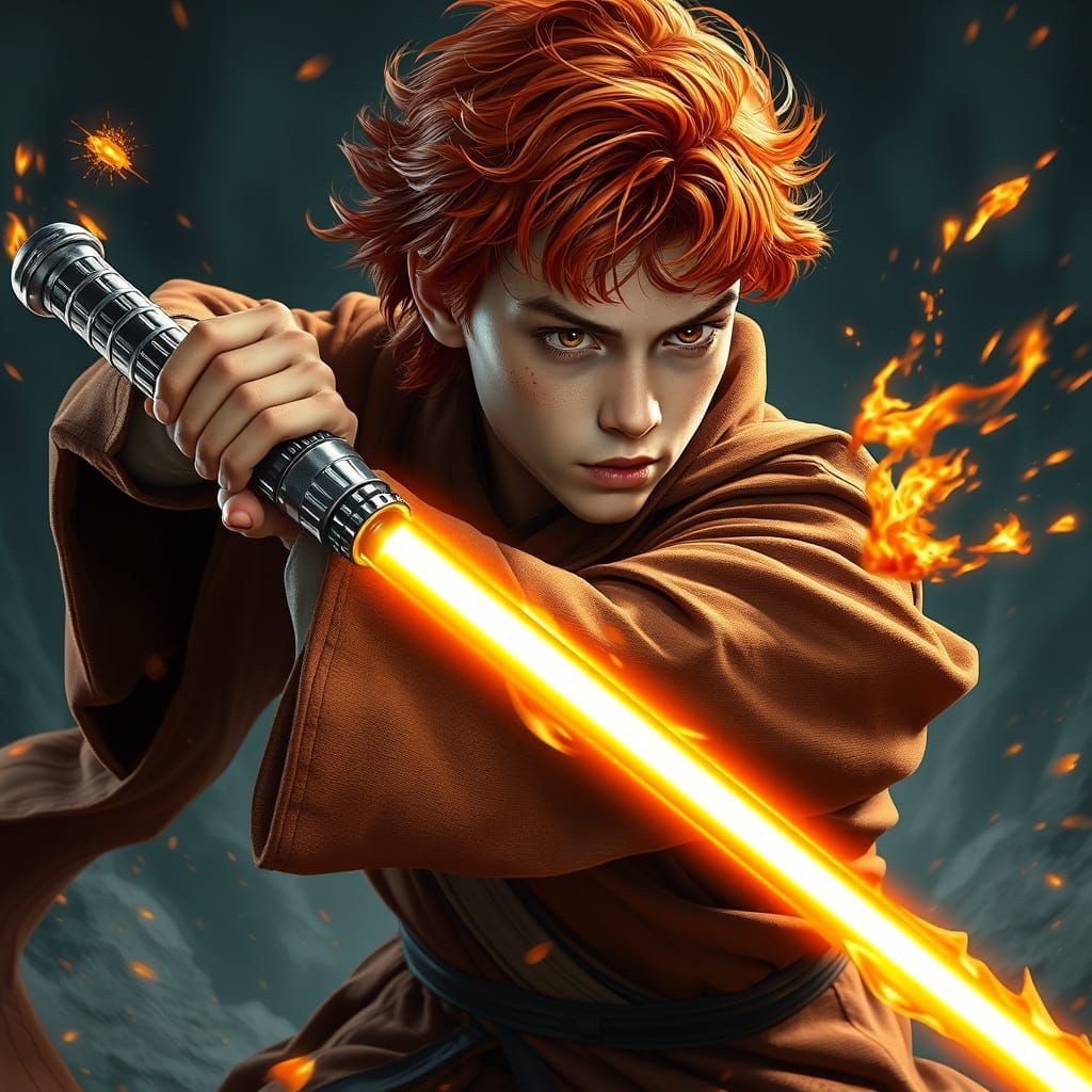 Jedi Warrior Battles Droid Amidst Fiery Chaos