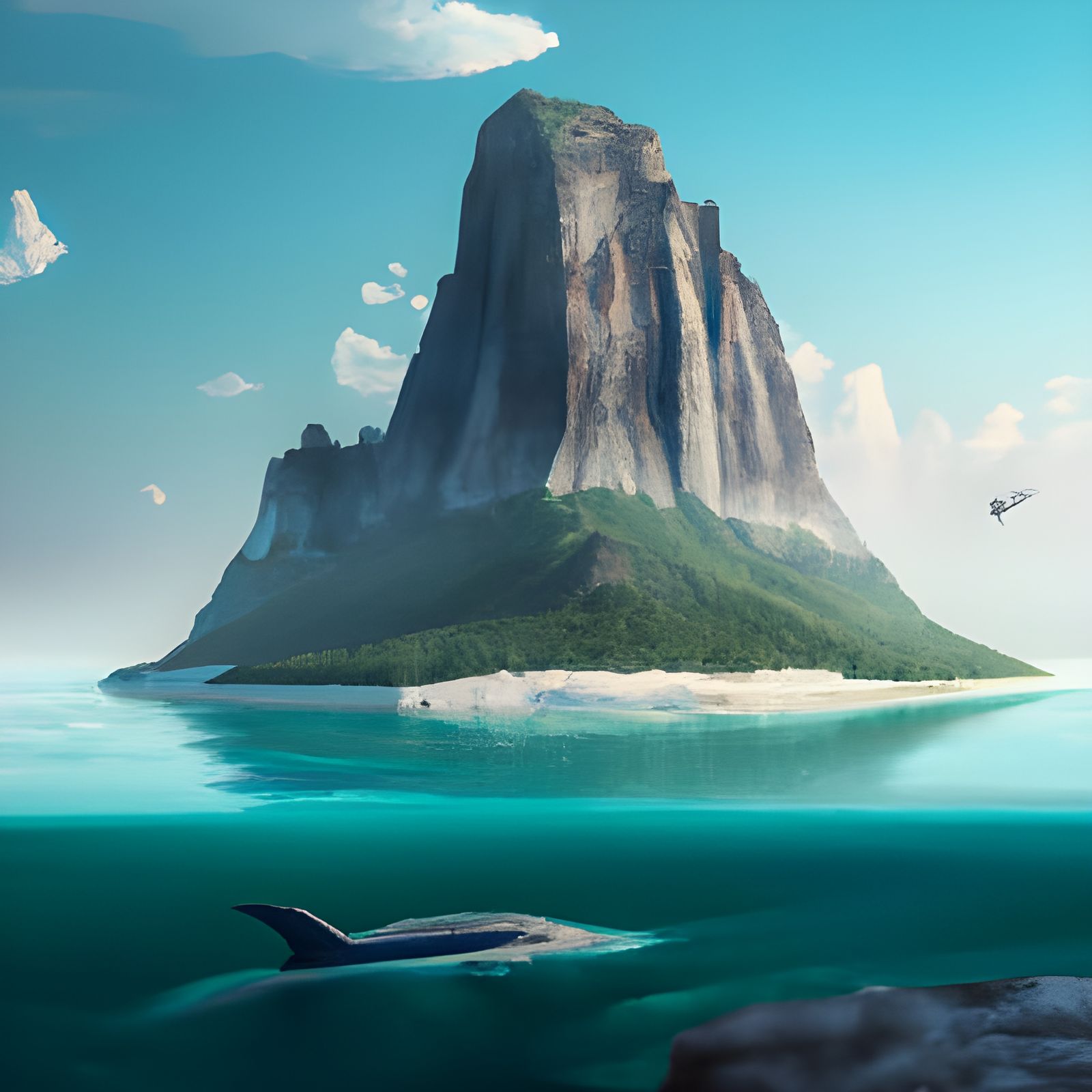 Island Mountain and Dolphin: Epic Digital Painting