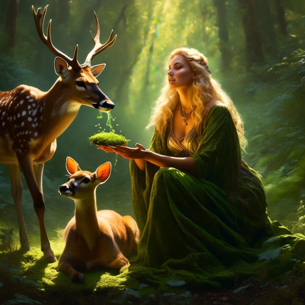 Druid Heals Fawn in Enchanted Forest