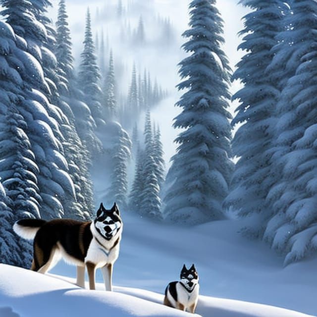 Husky Dogs in Snowy Alps, Concept Art