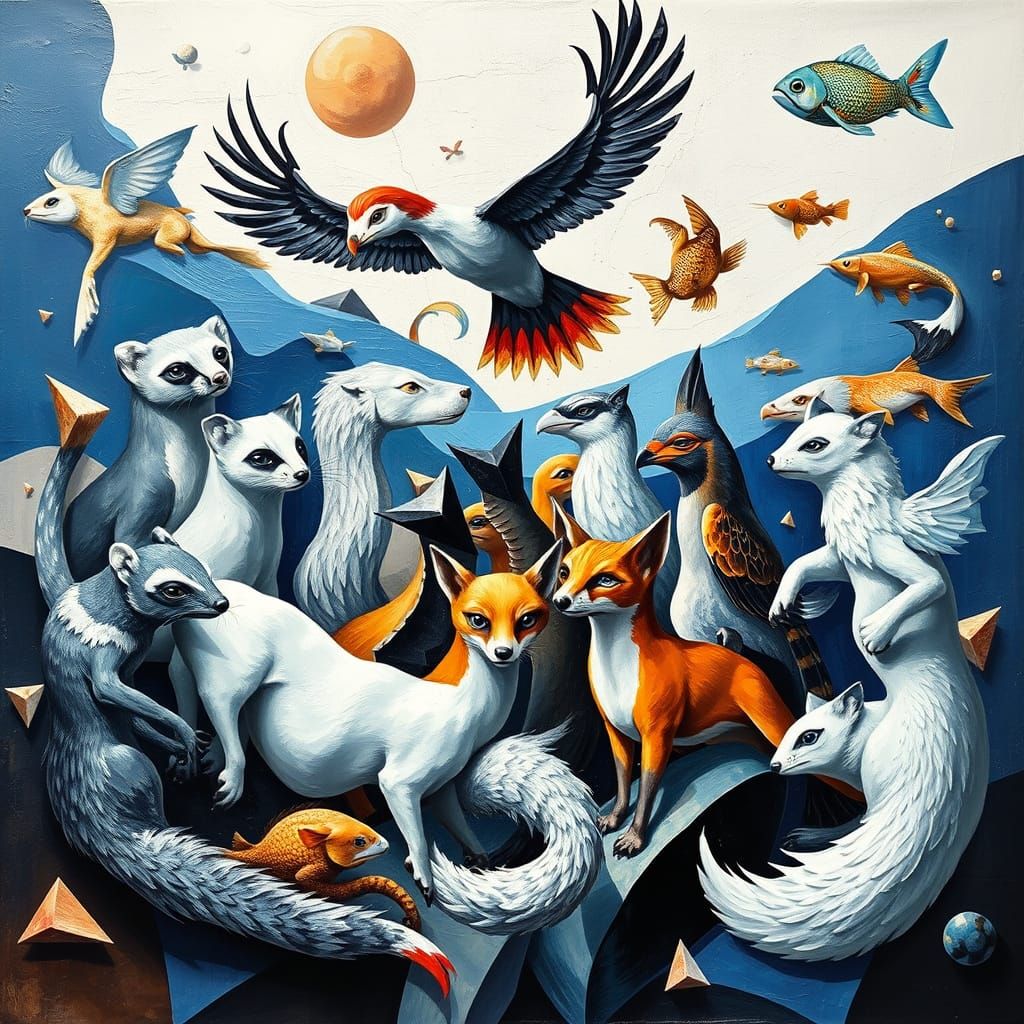 Cubist Menagerie in Dreamlike Landscape