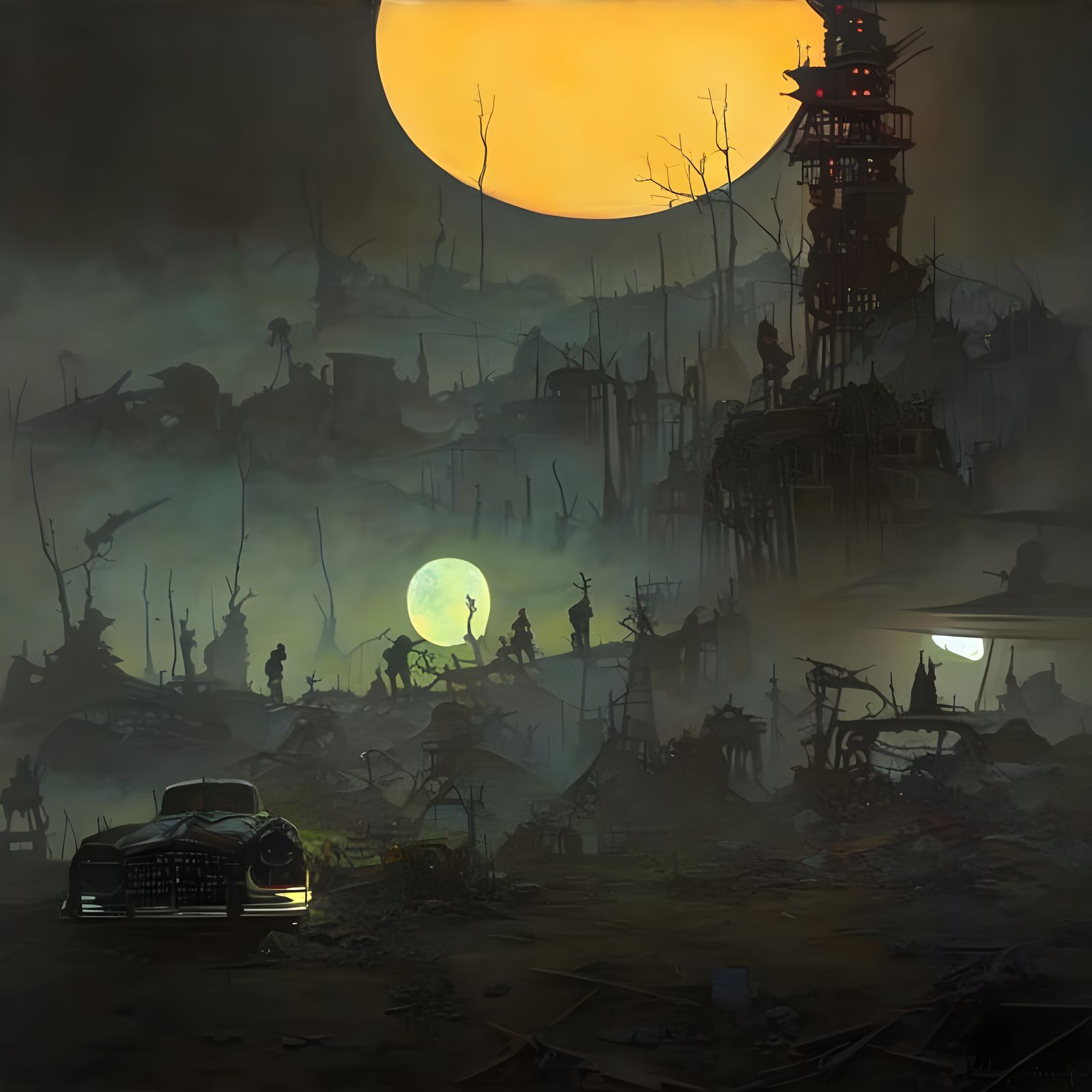 Surreal Post-Apocalyptic Wasteland at Night as Fine Art