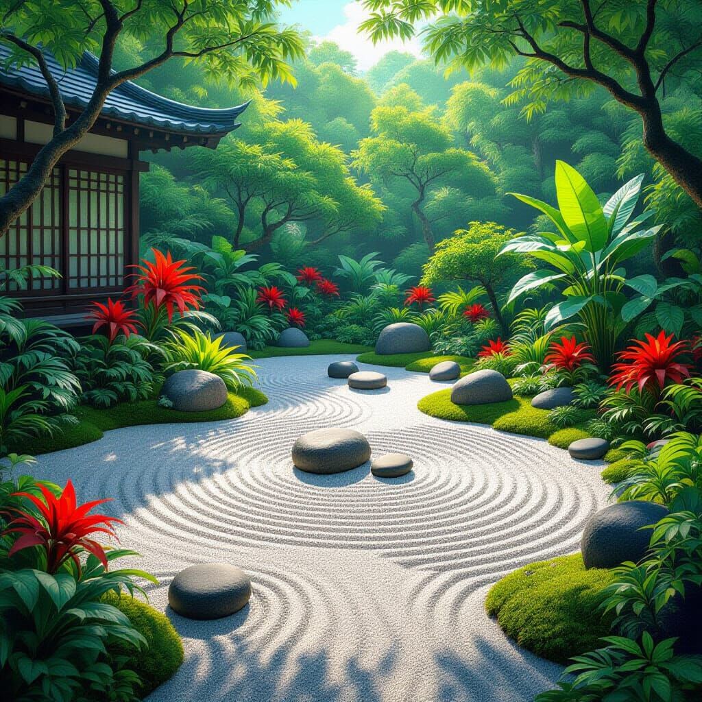 Zen Garden Meets Alien Jungle in Animated Style