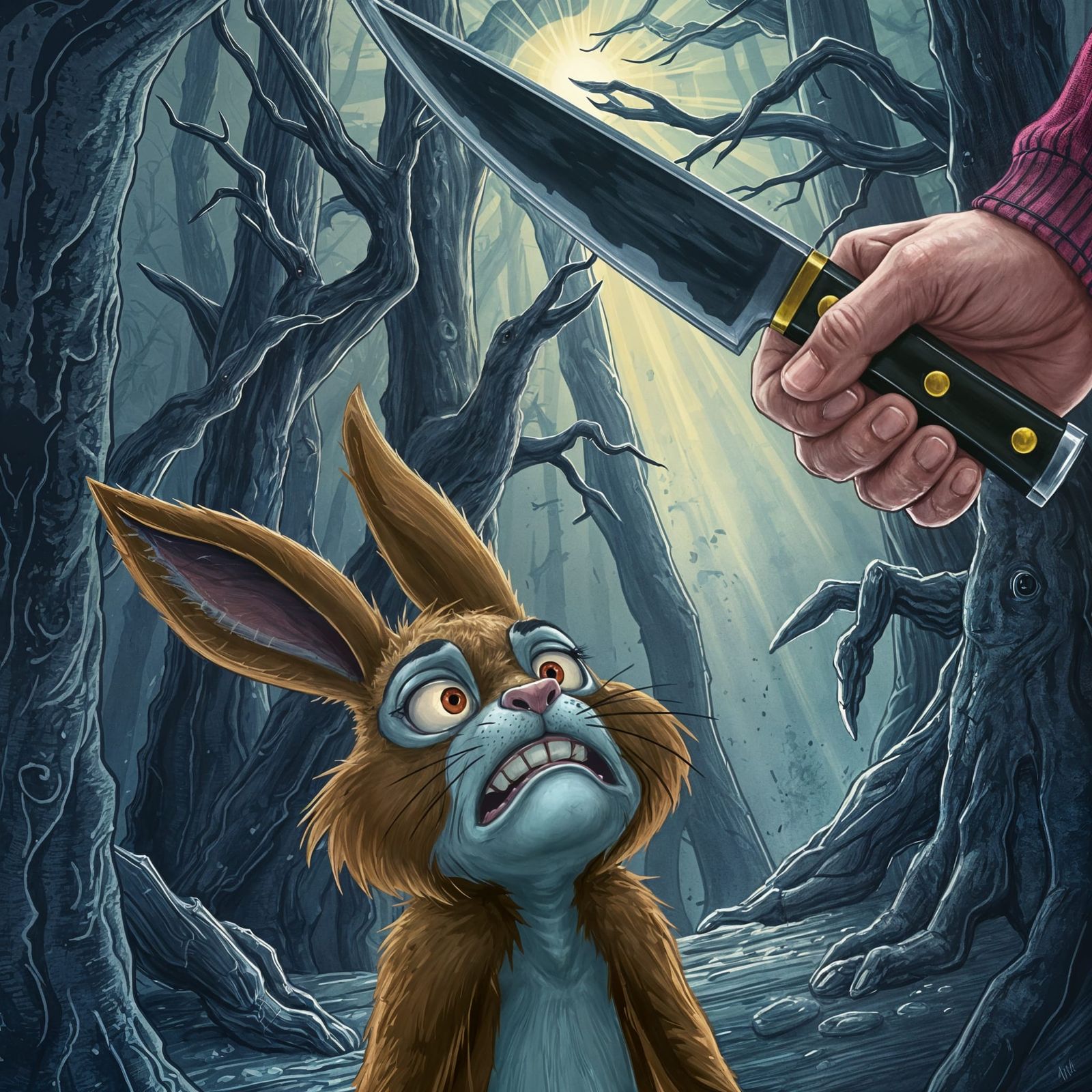 Rabbit and Cleaver Cartoon in Color Pencil Style