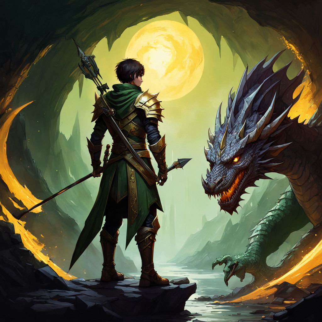 Heroic Warrior Confronts a Majestic Green Dragon in Golden L...