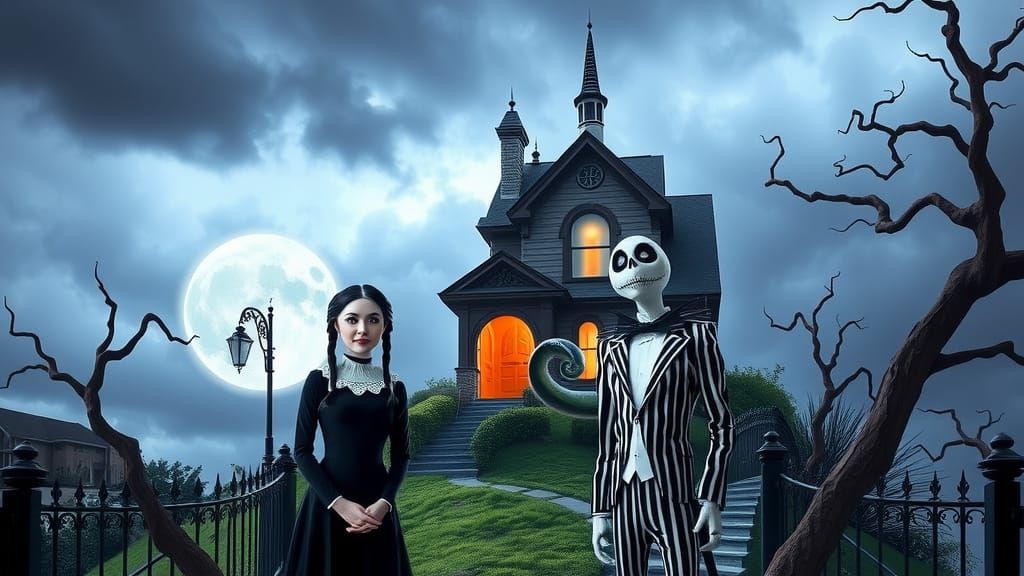 Wednesday and Beetlejuice at the Haunted House
