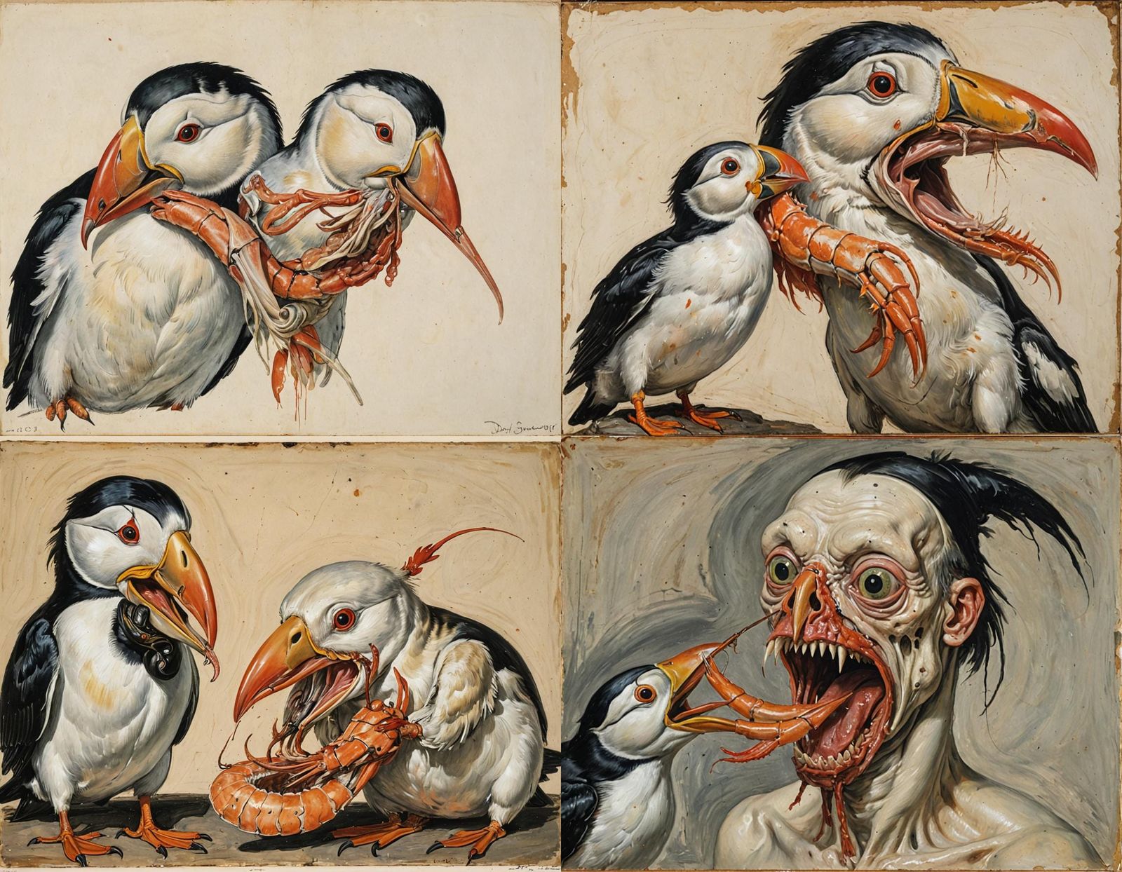 Surreal Vivisection of Puffin-Prawn Hybrid Creature