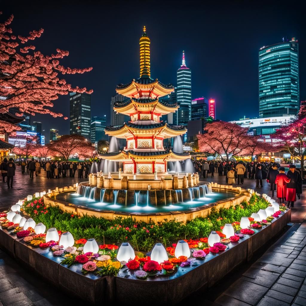 Ornate Fountain on Korean Square in 8K