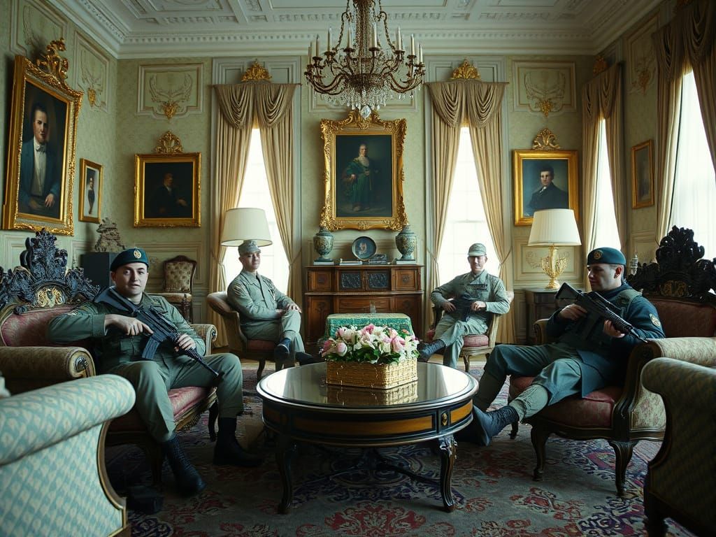 Victorian Parlor Contrasts: Soldiers Lounge with Rifles