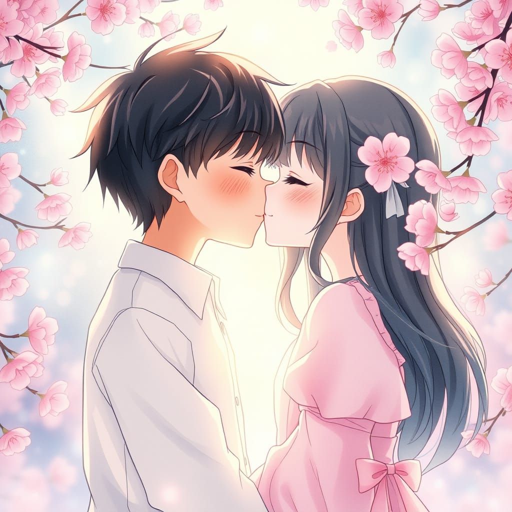 Romantic Japanese Anime Scene with Cherry Blossoms