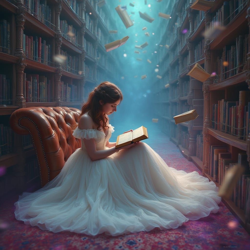 Woman Reading in Surreal Library with Floating Books
