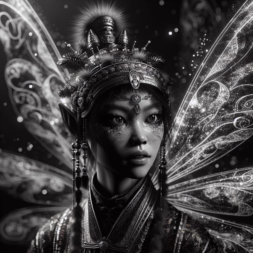 Intricate Black and White Portrait of a Navajo Fairy