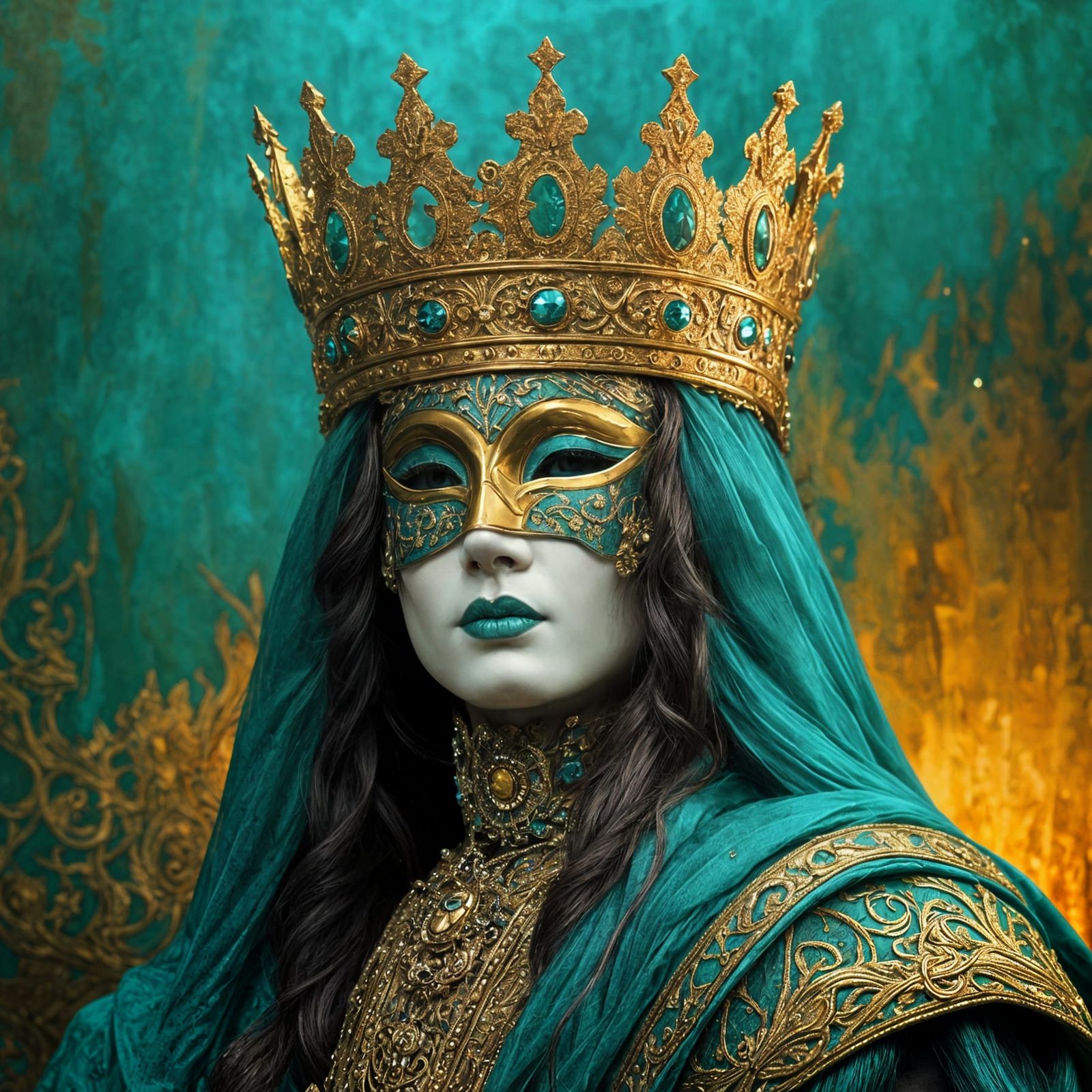 Crowned Figure with Venetian Mask in Impasto Style