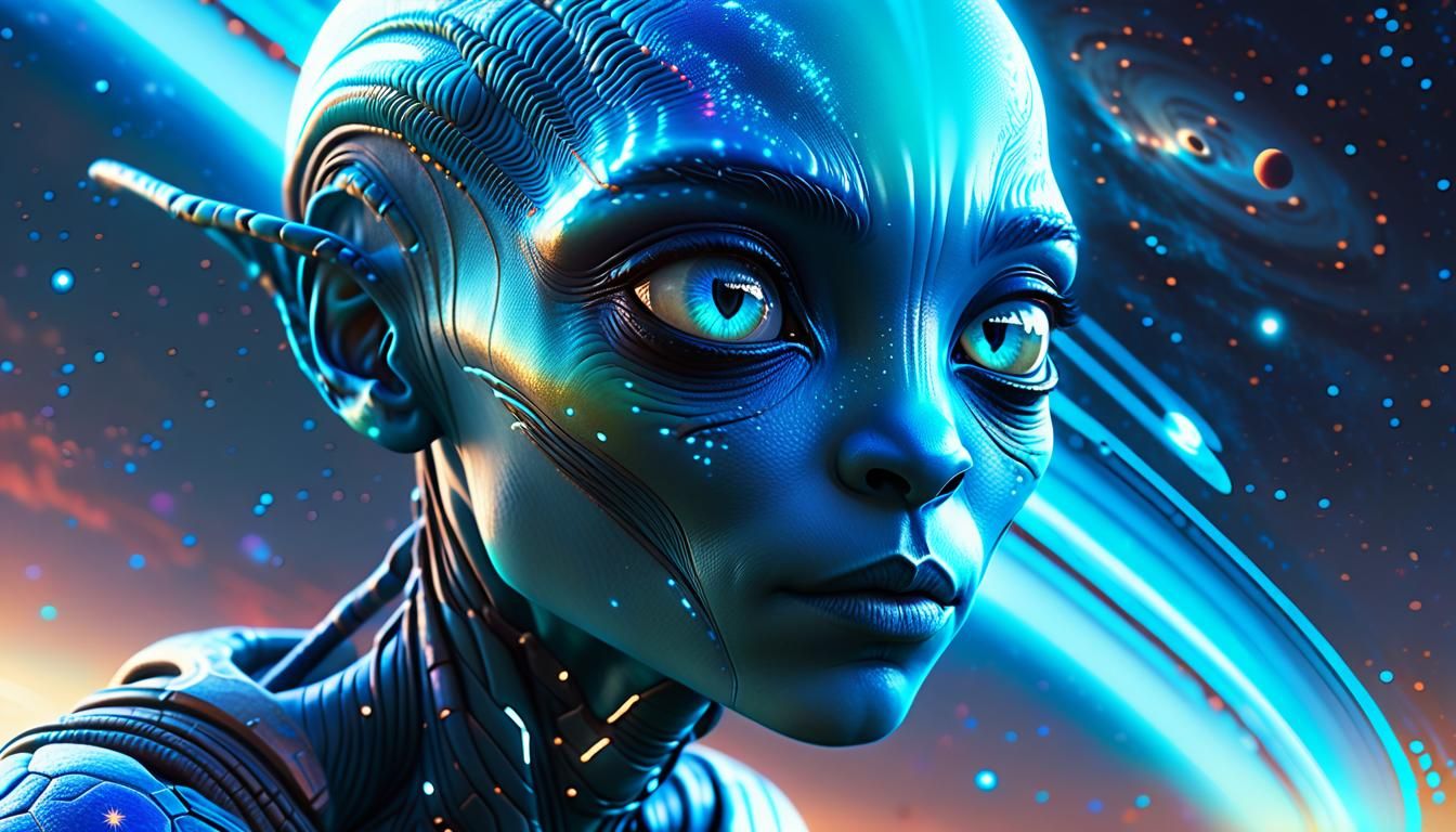Ethereal Blue Skinned Alien Goddess in Radiant Galaxy Backgr...