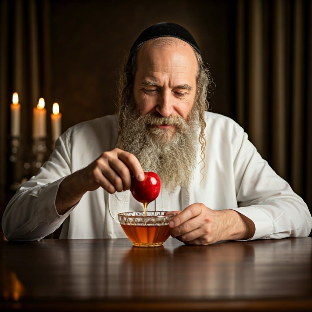 Orthodox Jew Dipping Apple in Honey by Candlelight