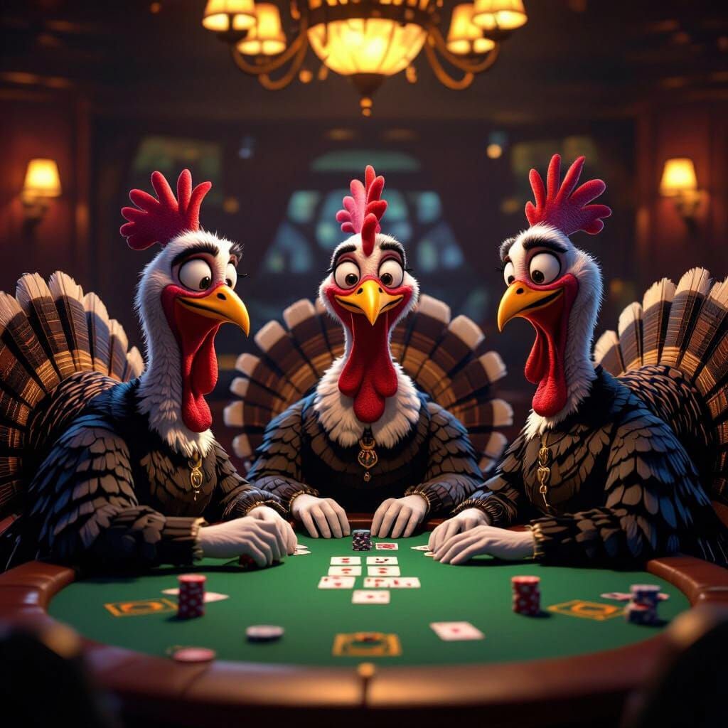 Cartoon Turkeys Play Poker in Opulent Casino