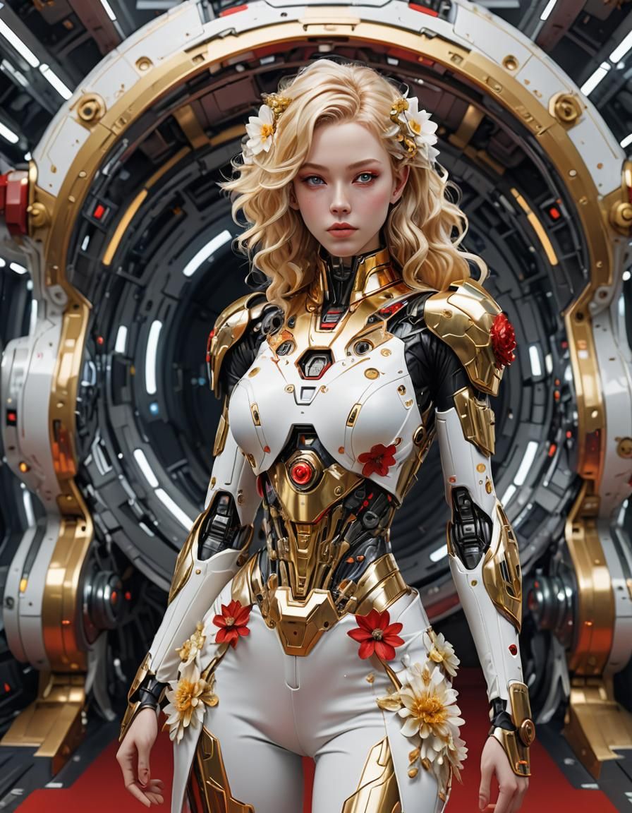 Futuristic Cyborg Woman in Golden Robotic Cloth