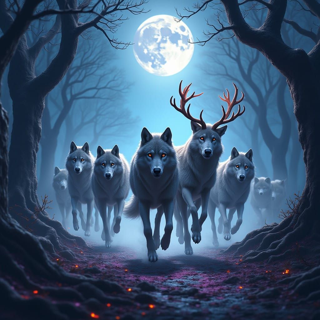 Moonlit Wolf Pack Hunts Majestic Deer in Mystical Forest