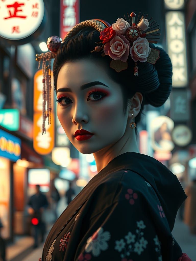 Captivating Modern Geisha in Cyberpunk Tokyo