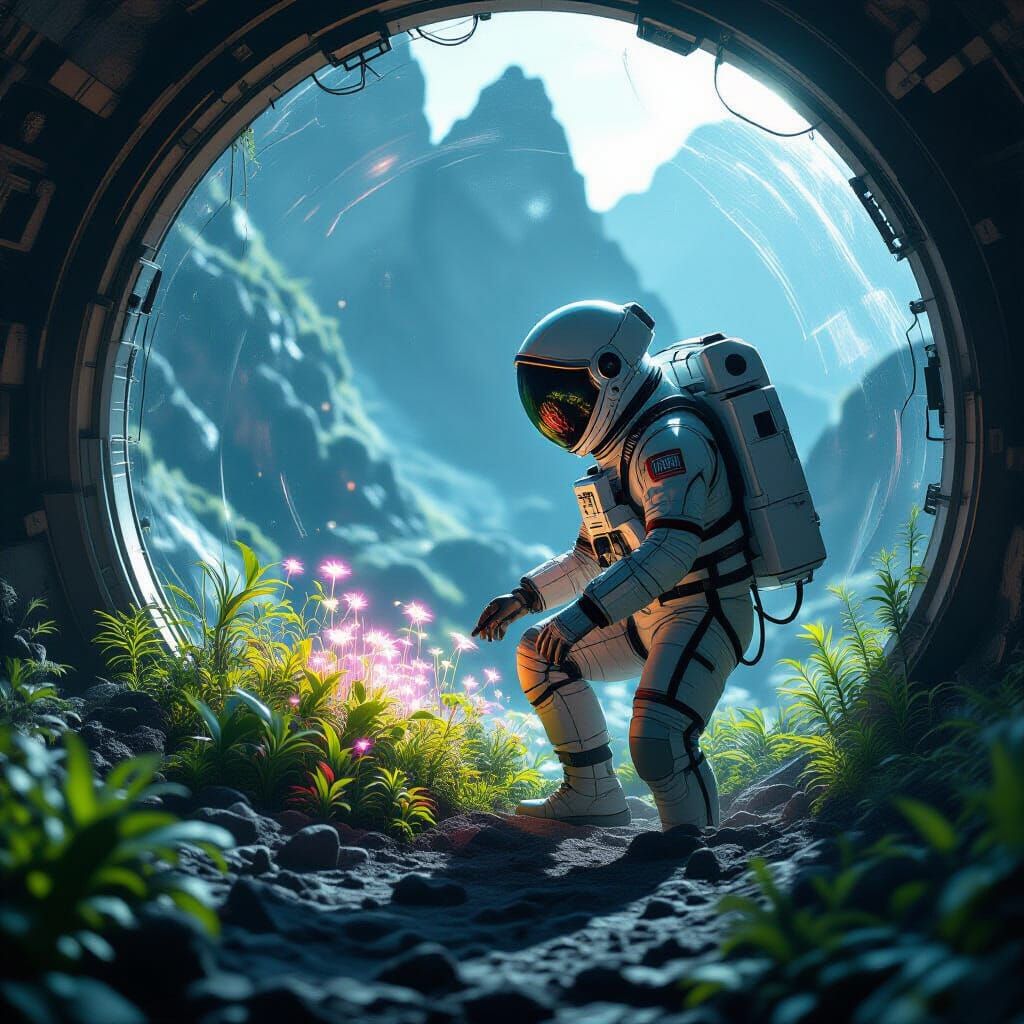 Astronaut's Bioluminescent Garden on Alien Planet