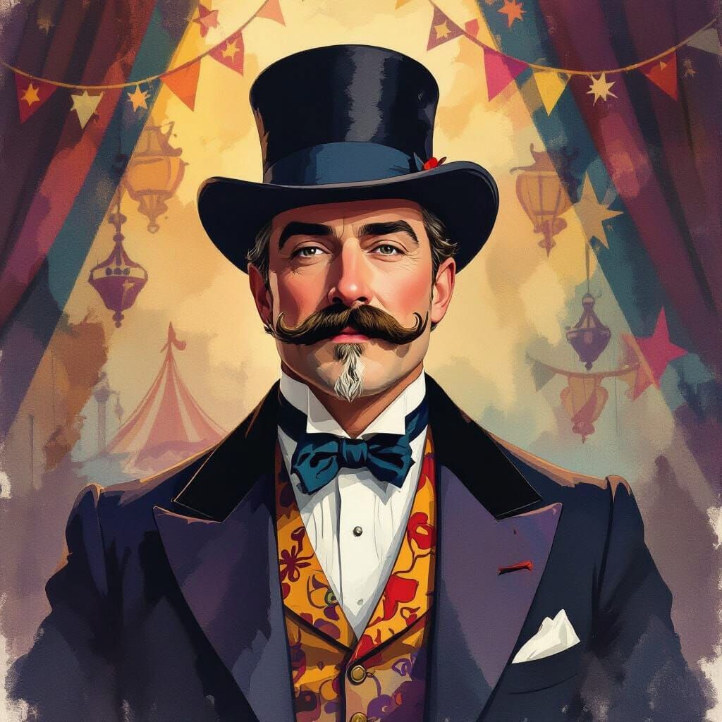 Circus Director with Mustache in Watercolor Style