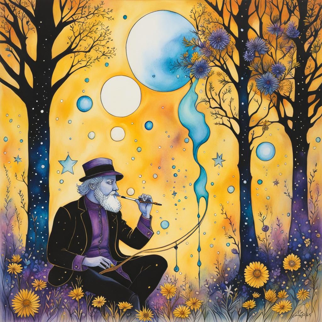 Monochromatic Indigo Dreamscape with Smoking Man