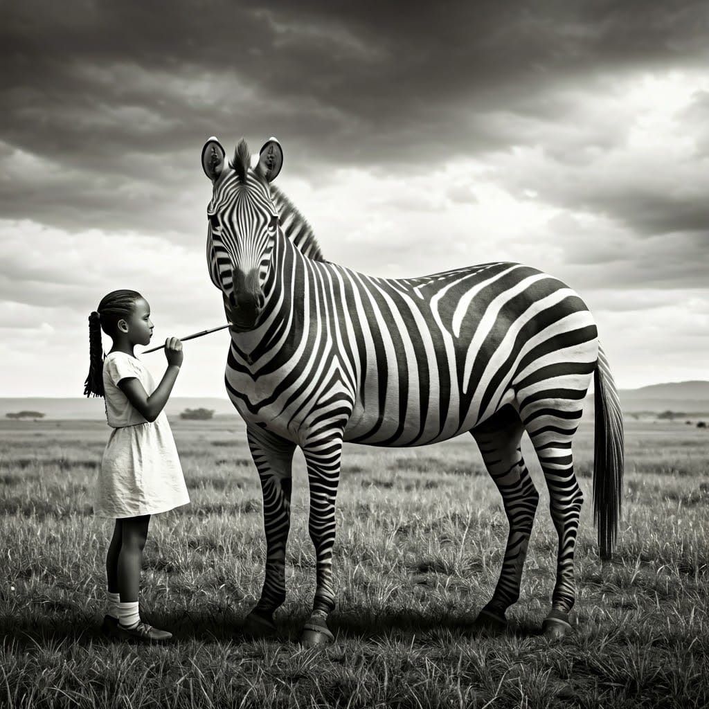 Young Girl Paints Horse with African Savannah Background