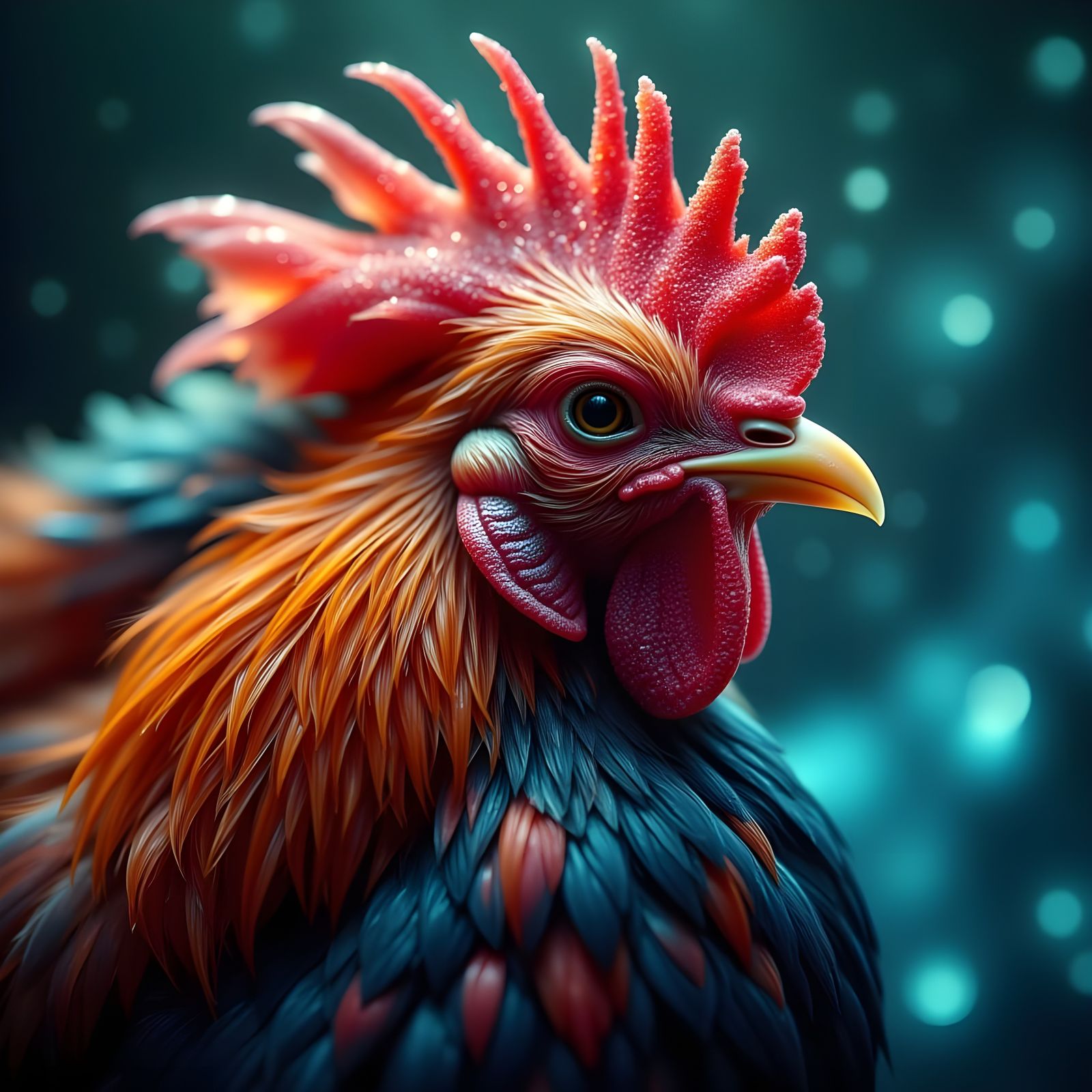 Vibrant Rooster Feather Macro in Hyperrealistic Dreamy Encha...
