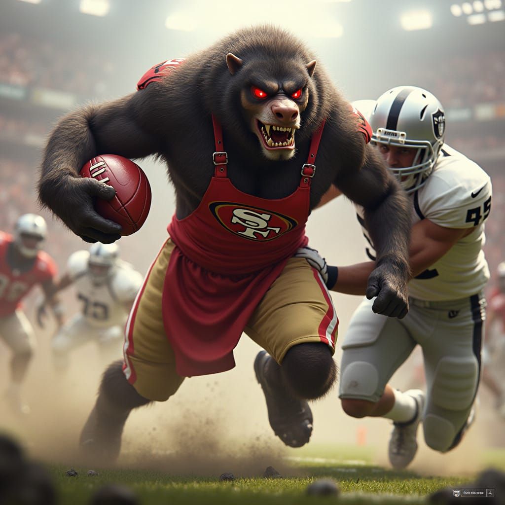 Fierce Smilodon-Human Runs with Football in 49ers Uniform