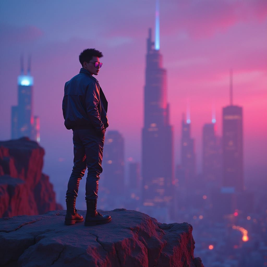 Synthwave Musician Overlooking Neon Cityscape