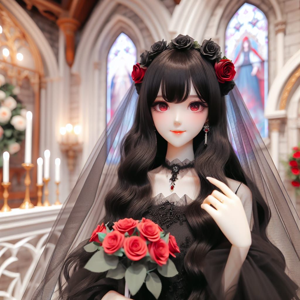 Anime Bride with Roses in Fantasy Church