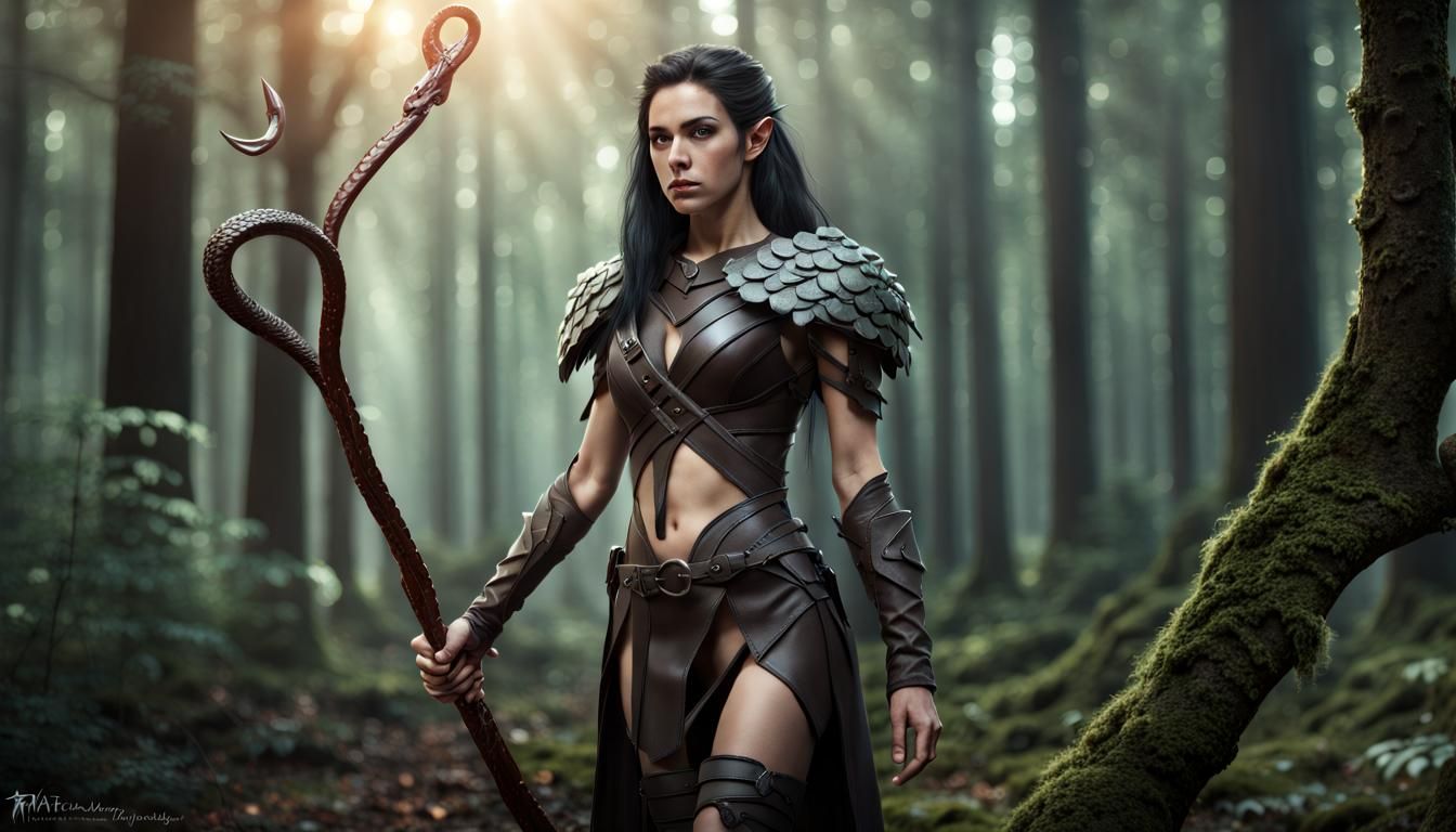 Female Elf Druid with Snake Staff in Matte Painting Style