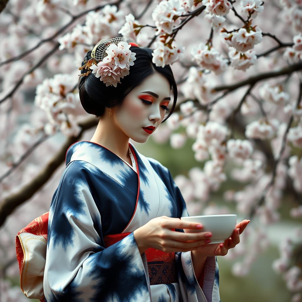 Elegant Geisha in Cherry Blossom Garden