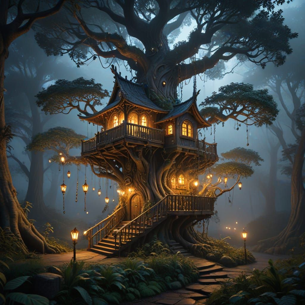 Whimsical Treehouse Amidst Ancient Forest