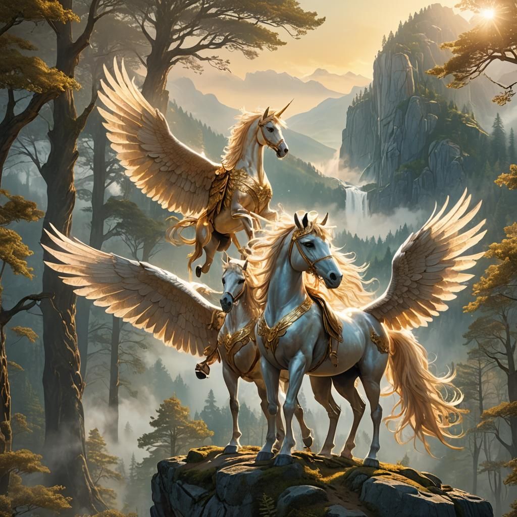 Pegasus and Athena Overlook Mystical Forest in Matte Paintin...