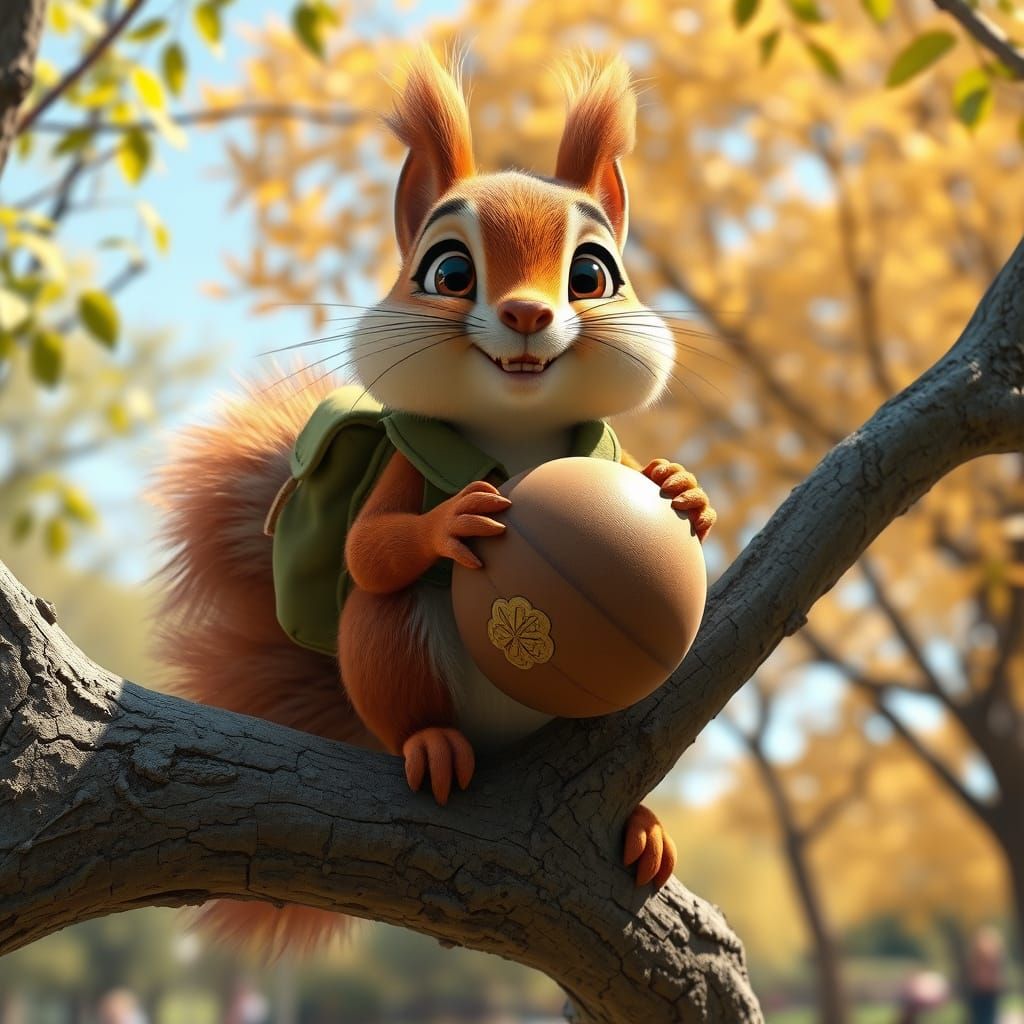 Mischievous Squirrel About to Drop Acorn: Pixar Style
