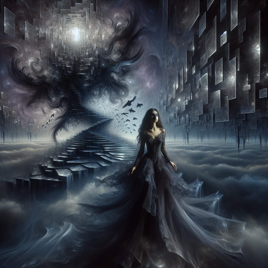 Surreal Woman in Dreamlike Labyrinth of Broken Mirrors