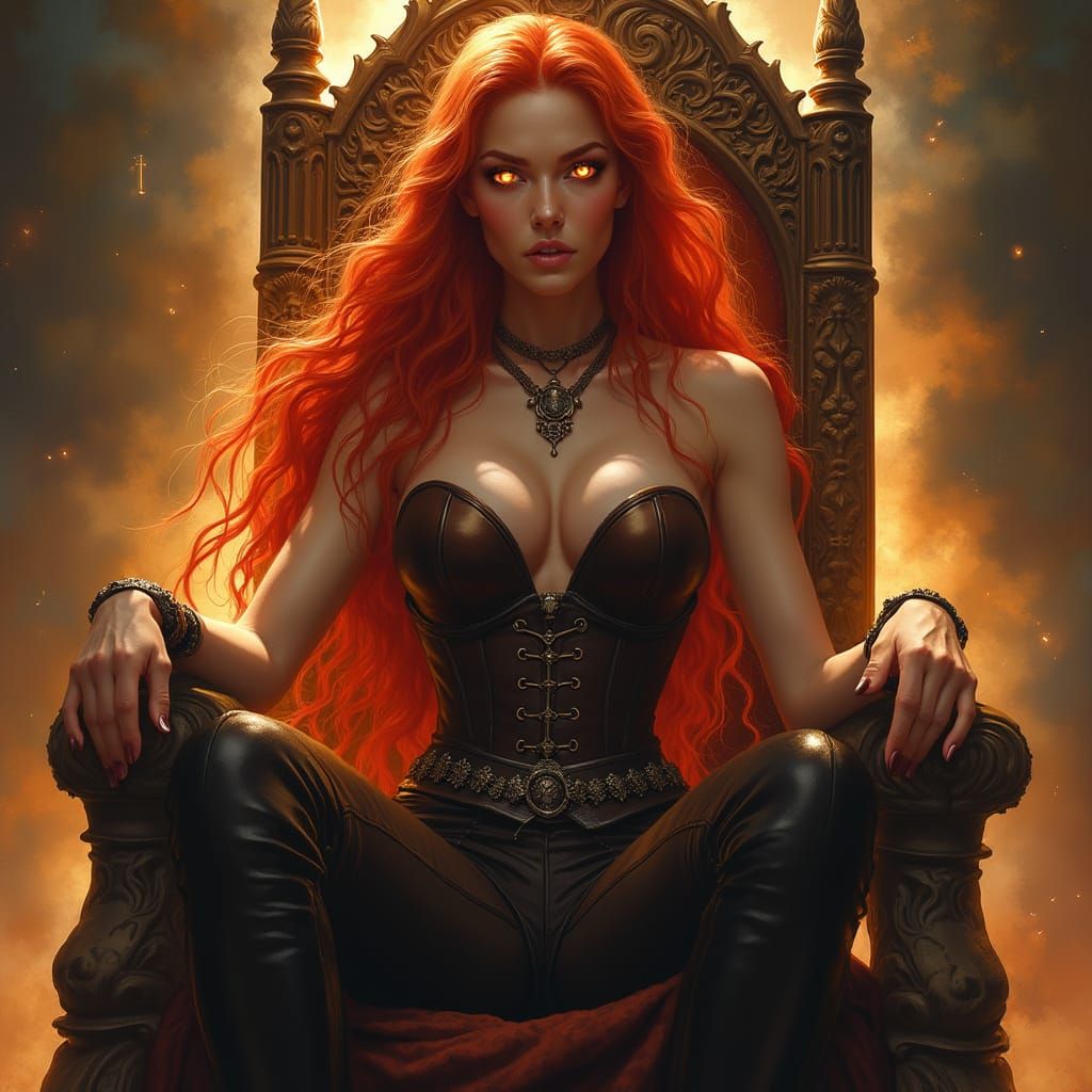 Regal Redheaded Warrior Queen on Throne in Epic Fantasy Styl...