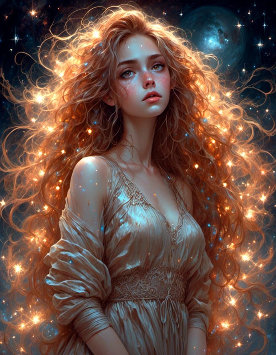Copper-Haired Girl Stargazing: Hyperrealistic Fantasy Art