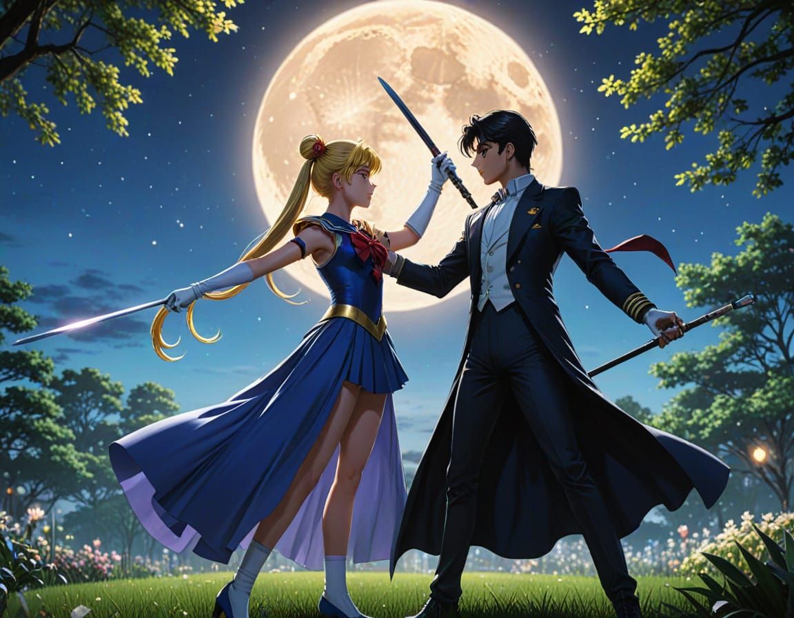 Sailor Moon and Tuxedo Mask in Moonlit Garden
