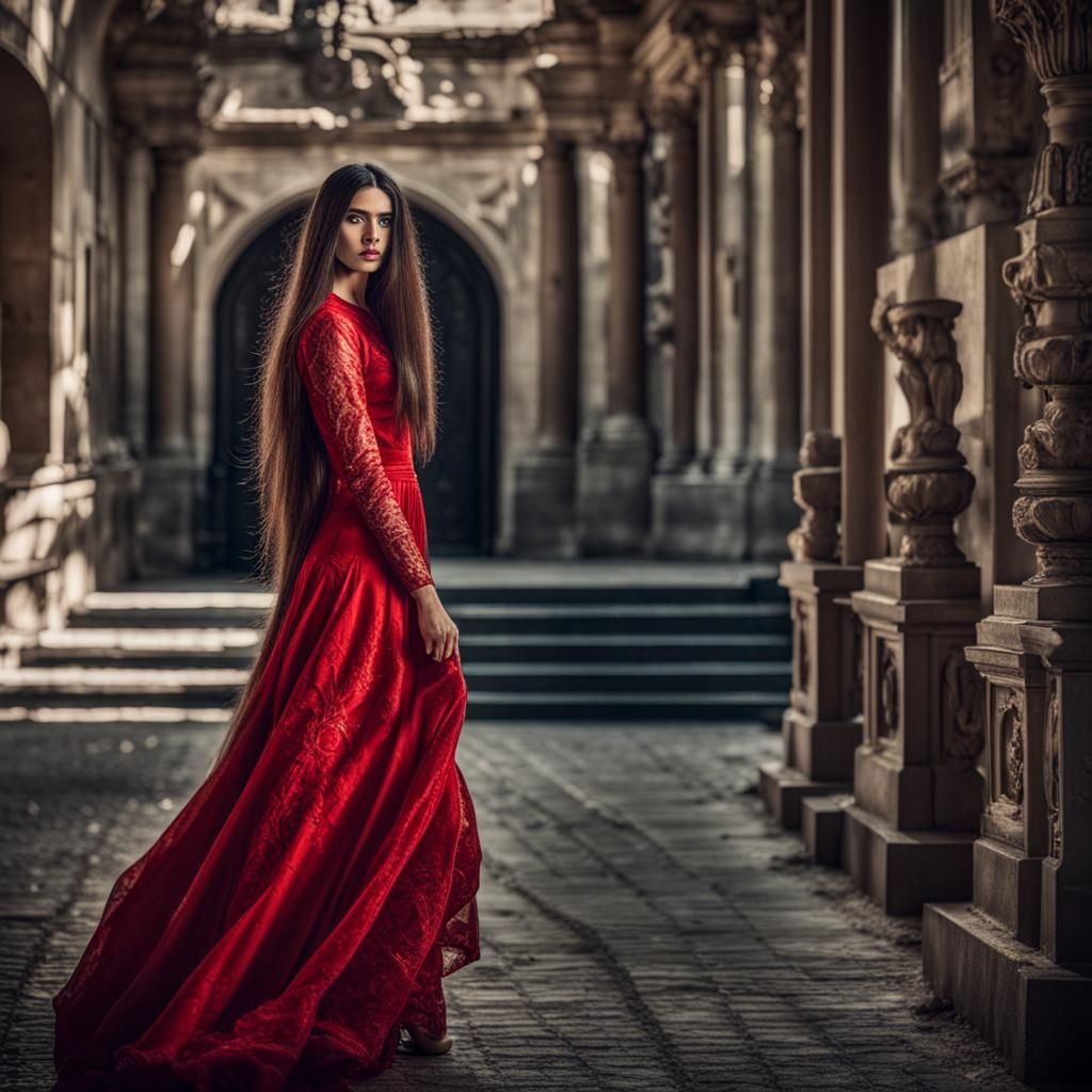 Long Hair Model in Red Dress: Hyperrealistic Photoshoot