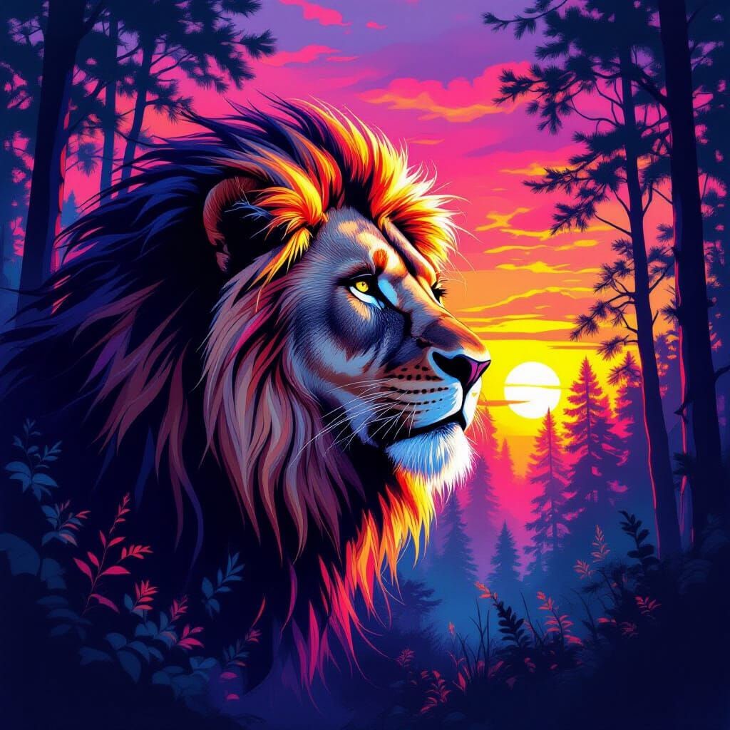 Lion with Neon Sunrise Mane in Double Exposure Style