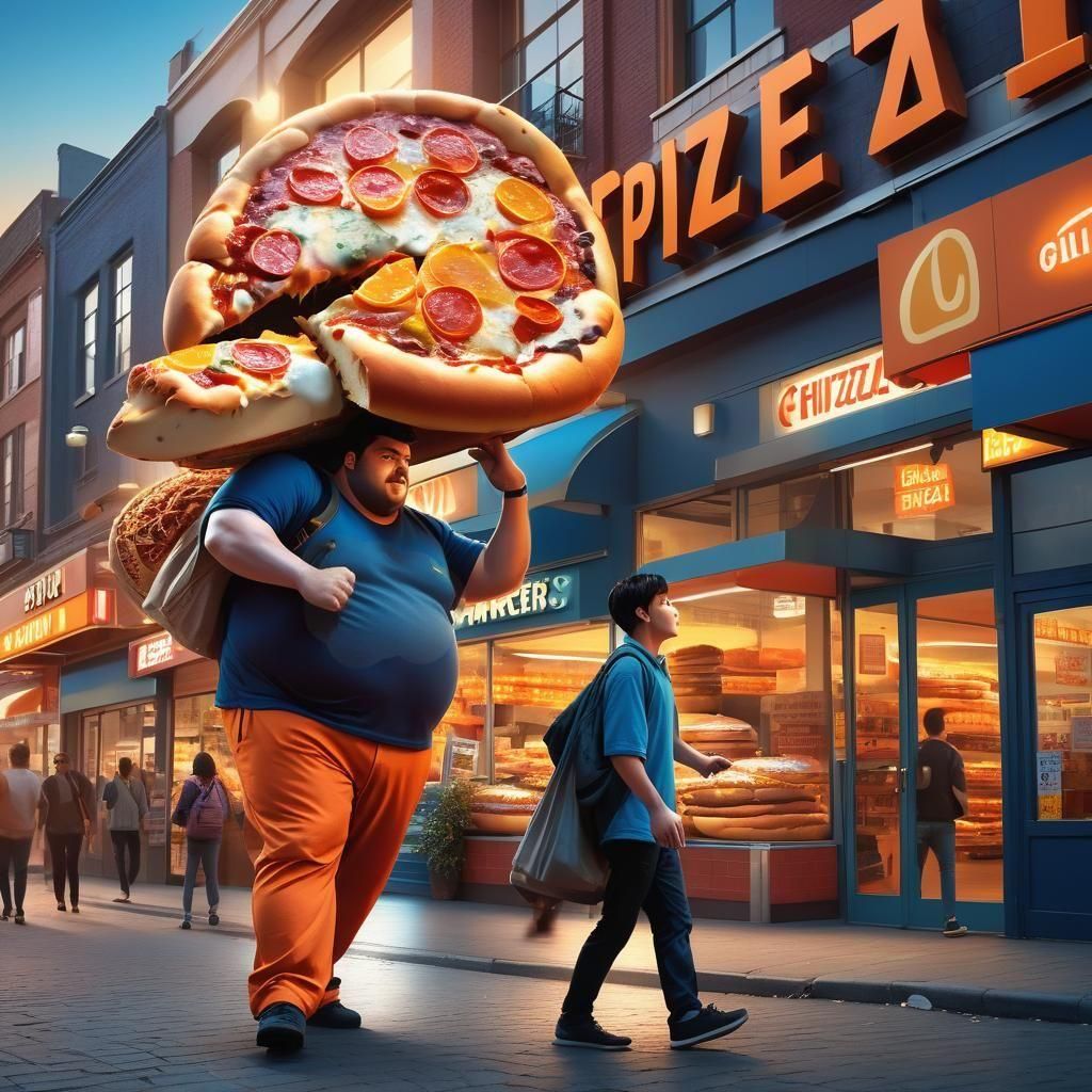 People Carrying Giant Pizzas: Detailed Matte Painting
