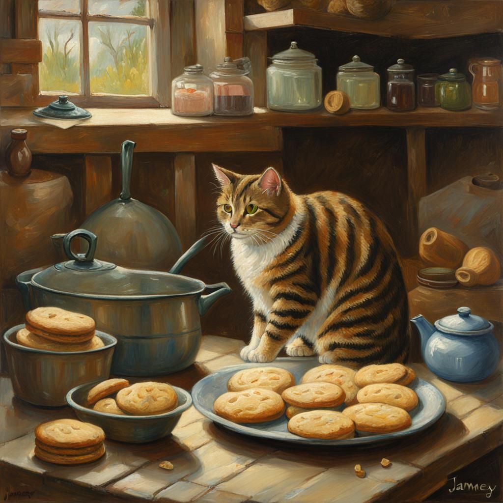 Tabby Cat Baker Kneading Biscuits: Oil Painting