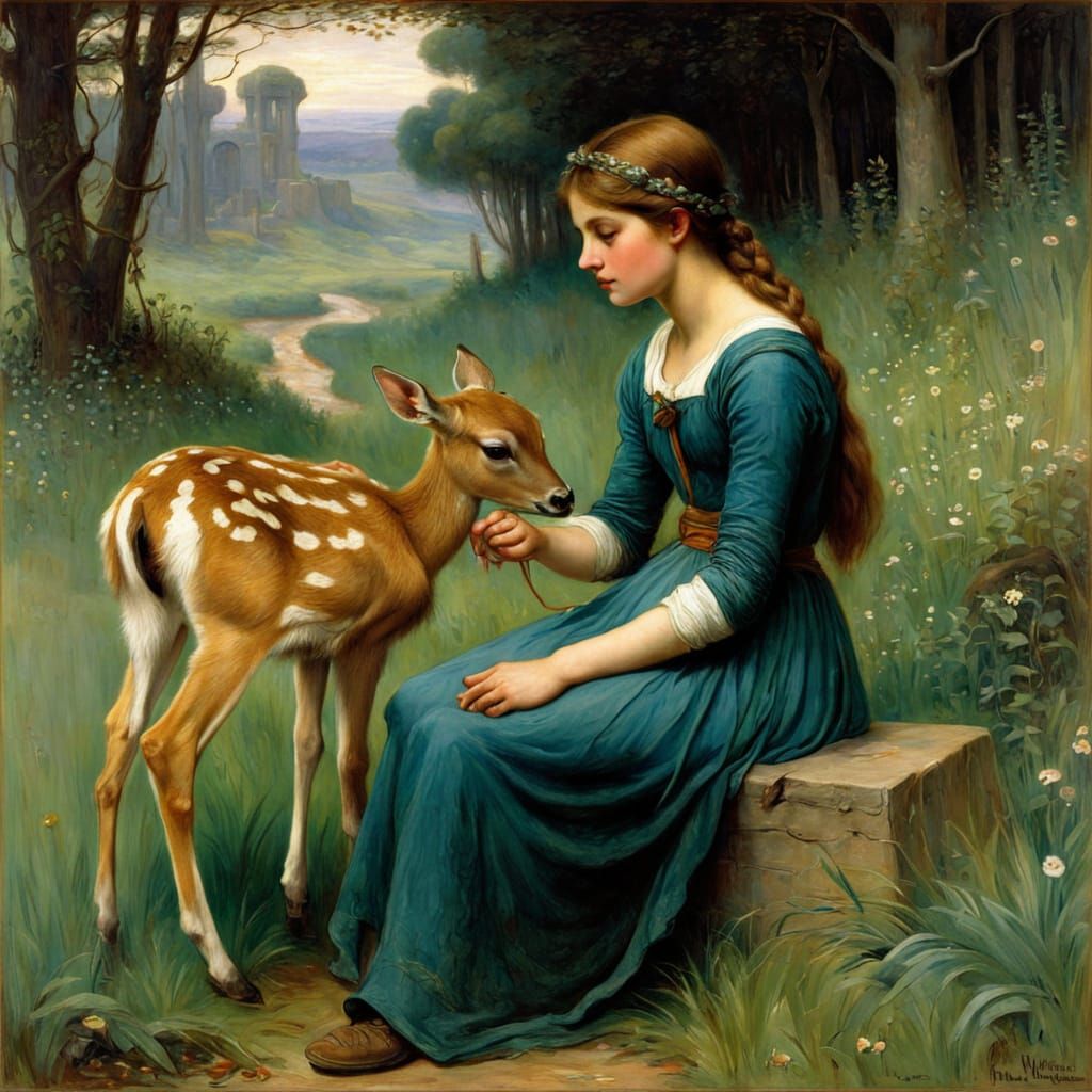 Sister and Fawn in an Enchanting Fairytale Landscape
