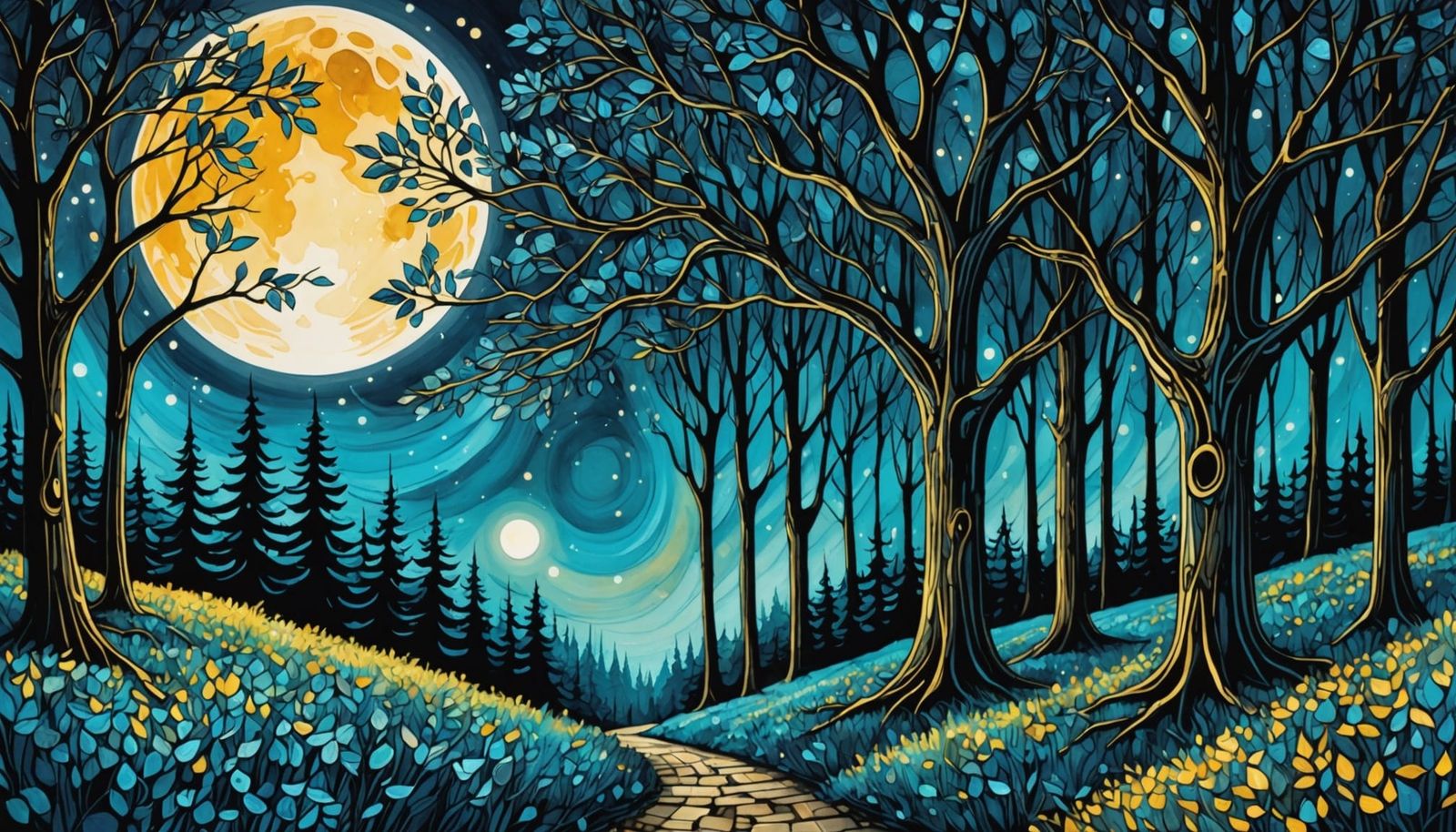 Moonlit Arabesque Forest in Impasto Alcohol Ink Style