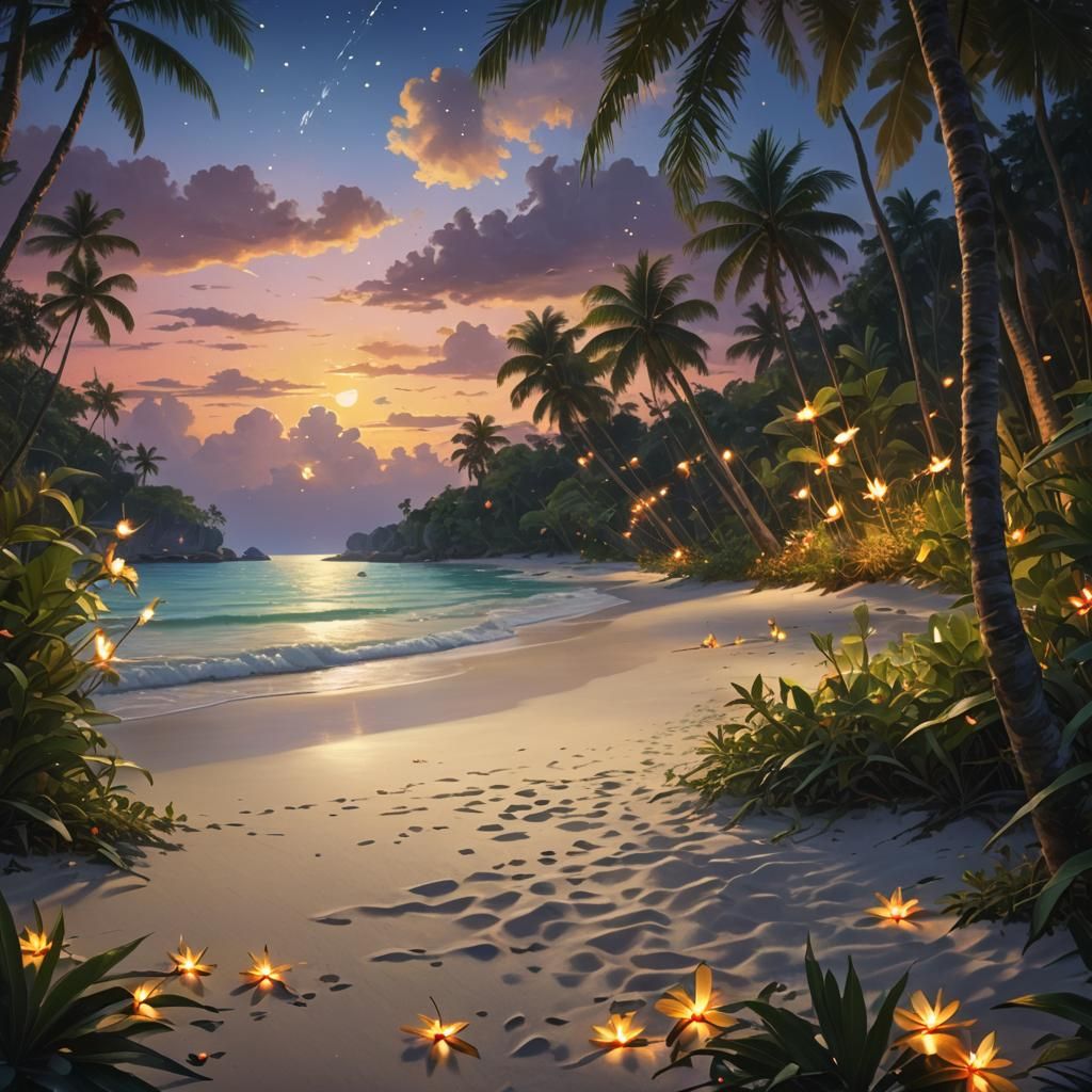 Tropical Beach at Dusk: A Post-Impressionist Painting